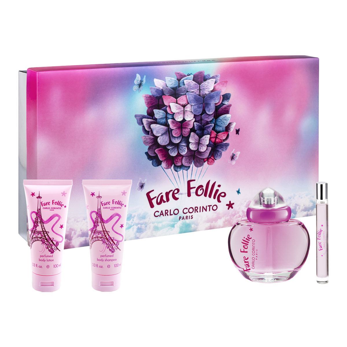 CARLO CORINTO - Fare Follie para mujer / SET - 100 ml Eau De Toilette Spray + 100 ml Body Shampoo + 100 ml Body Lotion + 10 ml mini EDT