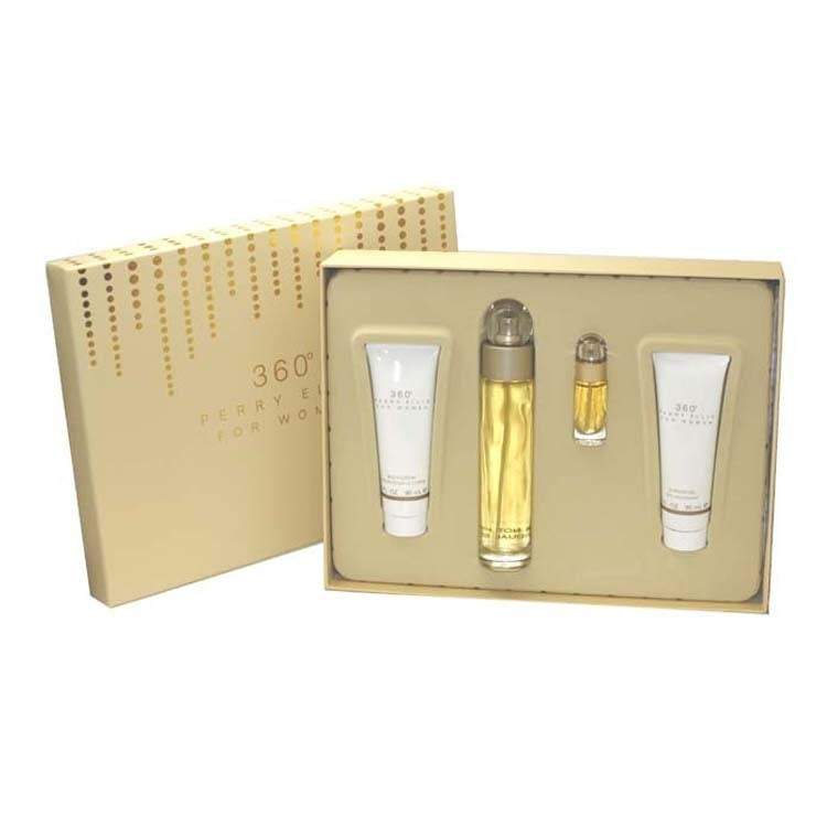 PERRY ELLIS - 360º para mujer / SET - 100 ml Eau De Toilette Spray + 90 ml Shower Gel + 90 ml Body Lotion + 7.5 ml Mini EDT