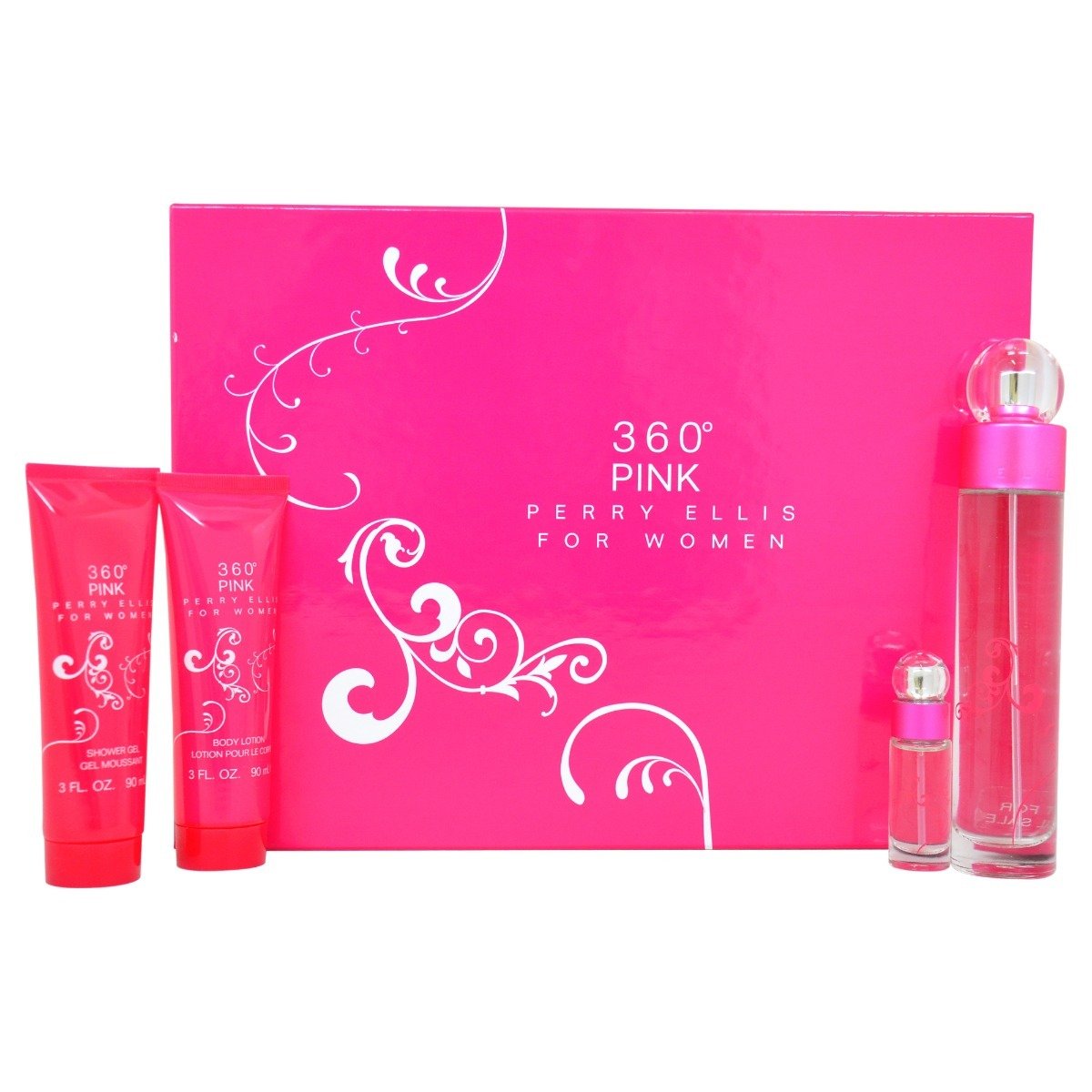 PERRY ELLIS - 360º Pink para mujer / SET - 100 ml Eau De Parfum Spray + 90 ml Shower Gel + 90 ml Body Lotion + 7.5 ml Mini EDP