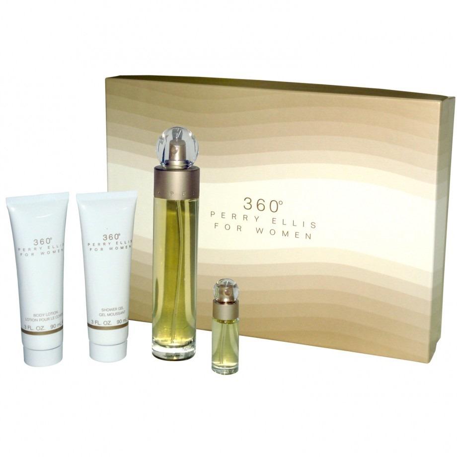 PERRY ELLIS - 360º para mujer / SET - 100 ml Eau De Toilette Spray + 90 ml Shower Gel + 90 ml Body Lotion + 7.5 ml Mini EDT