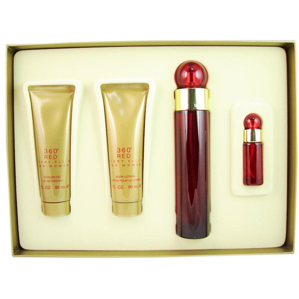PERRY ELLIS - 360º Red para mujer / SET - 100 ml Eau De Parfum Spray + 90 ml Shower Gel + 90 ml Body Lotion + 7.5 ml Mini EDP