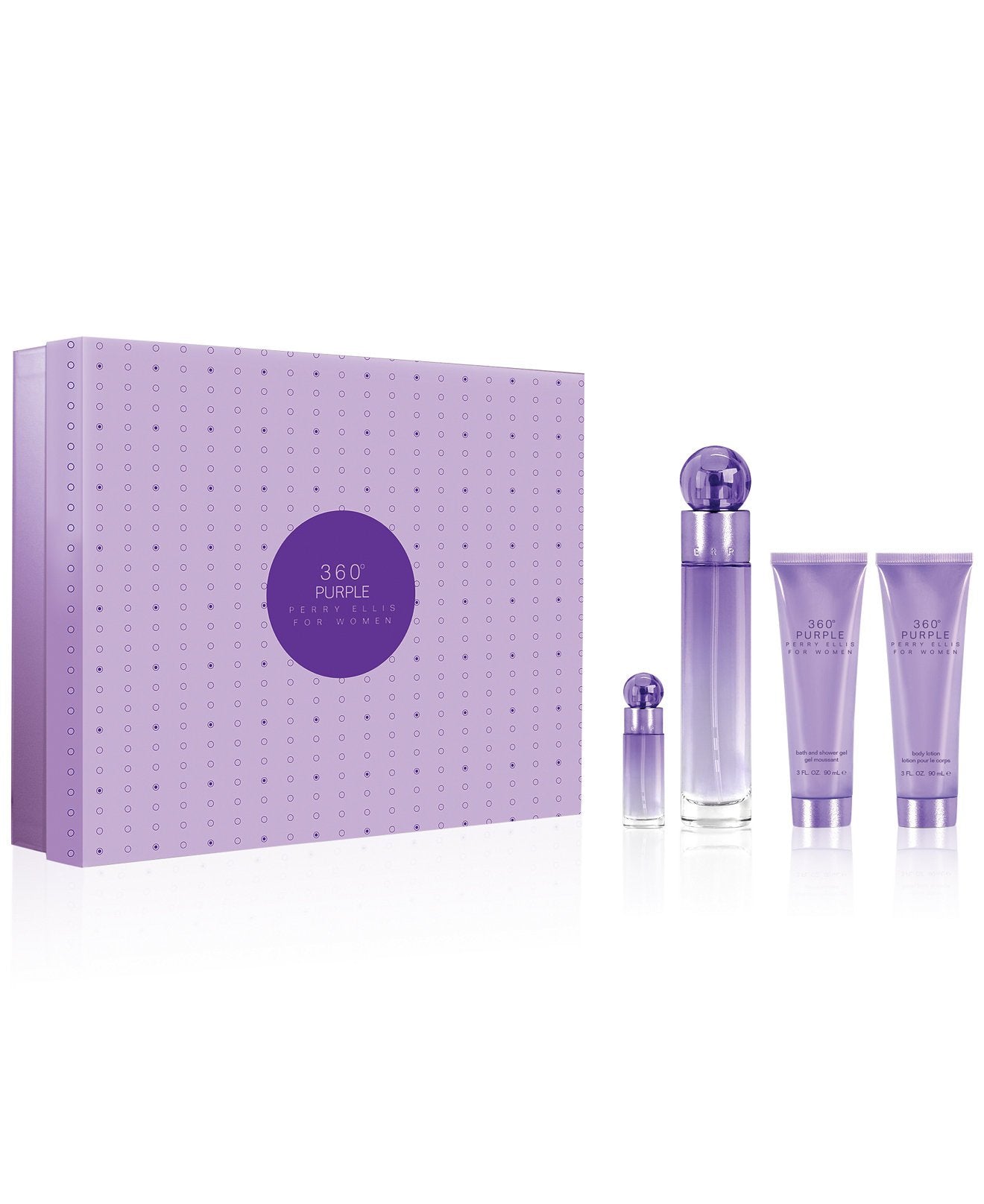 PERRY ELLIS - 360º Purple para mujer / SET - 100 ml Eau De Parfum Spray + 90 ml Shower Gel + 90 ml Body Lotion + 7.5 ml Mini EDP